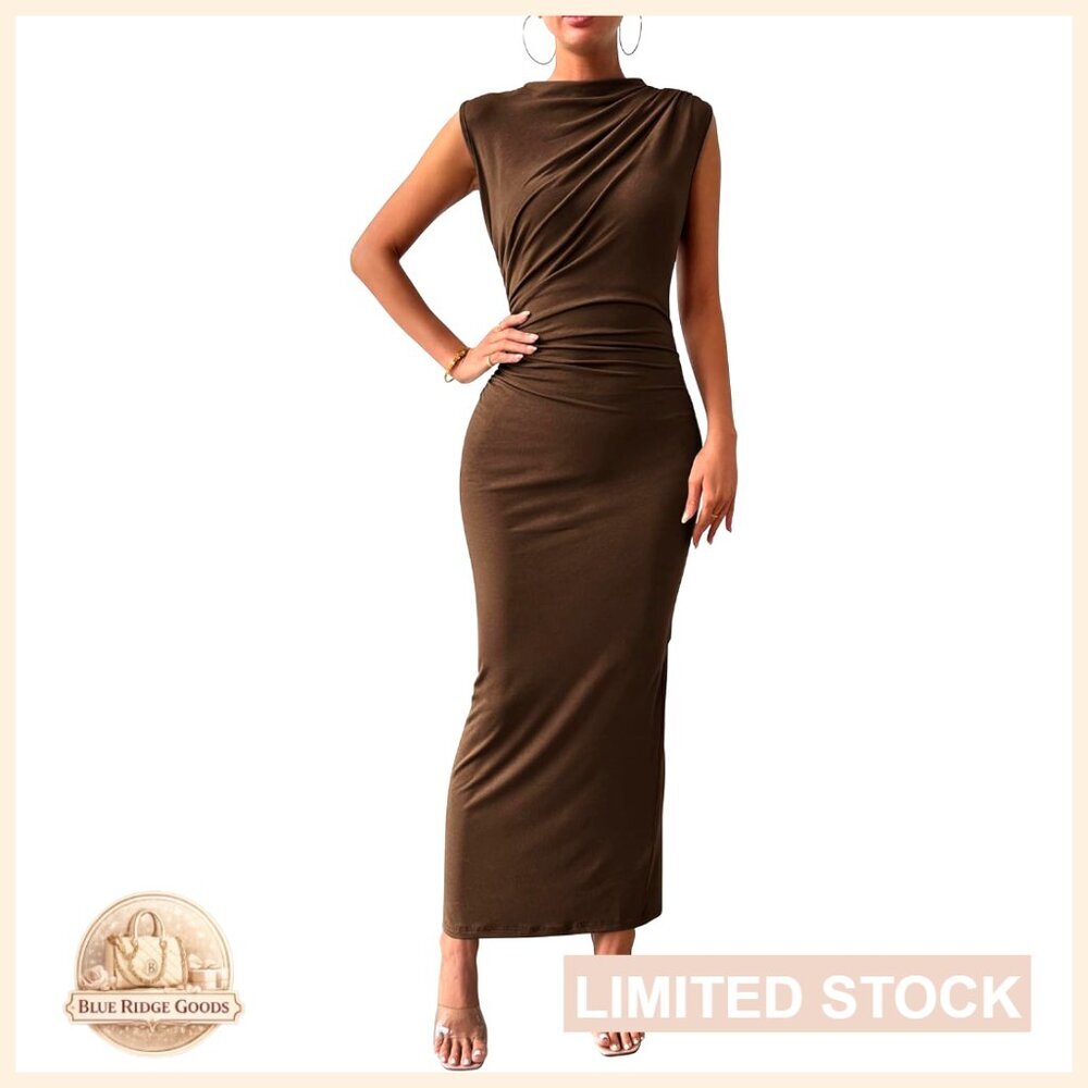 Ruched Bodycon Maxi Dress Sleeveless Back Slit Elegant Cocktail Party Wear